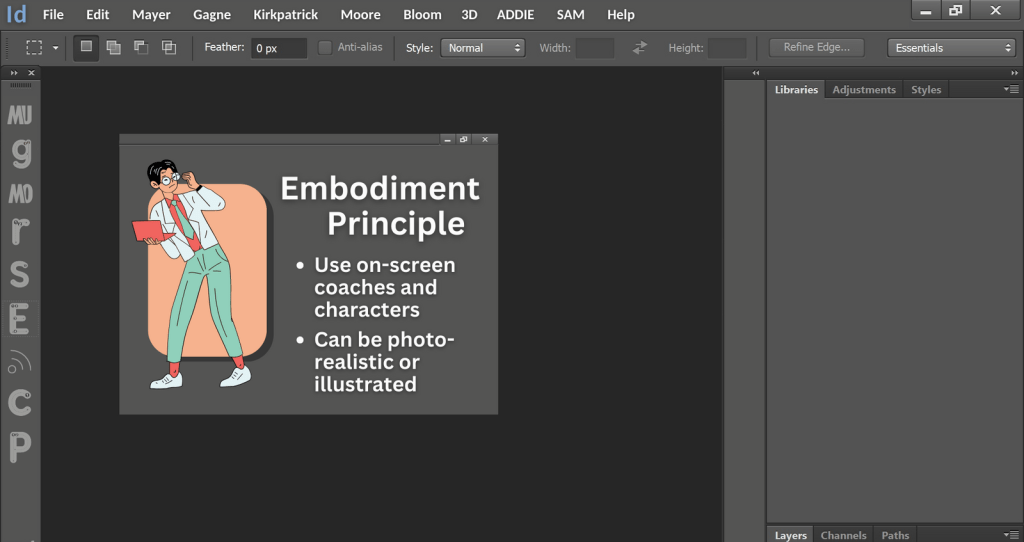 Image depicts screenshot from a digital learning environment navigation modeled after Adobe Photoshop with special buttons for each principle. The principle on view in the screenshot features an animated character and reads Embodiment principle use on-screen coaches and characters, can be photo-realistic or illustrated.